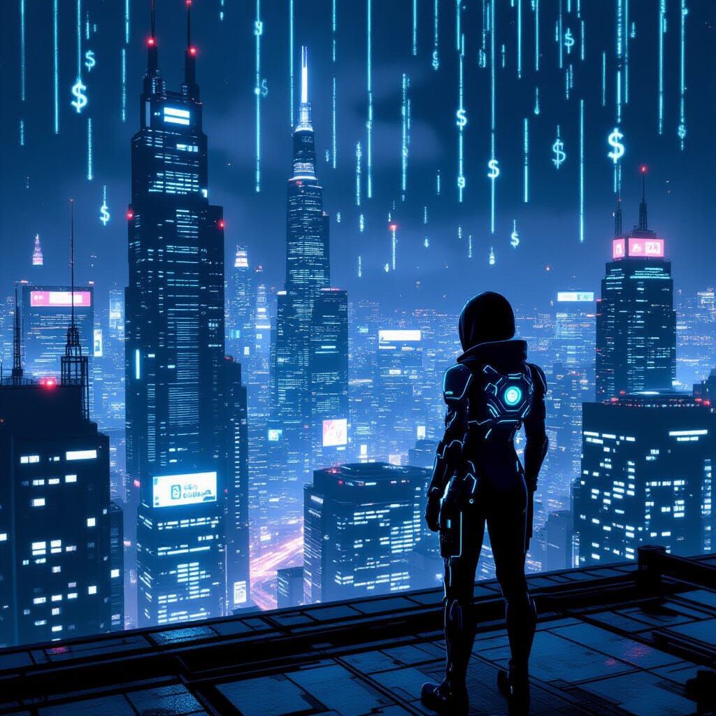 Cybernetic Figure Overlooks Futuristic Neon City