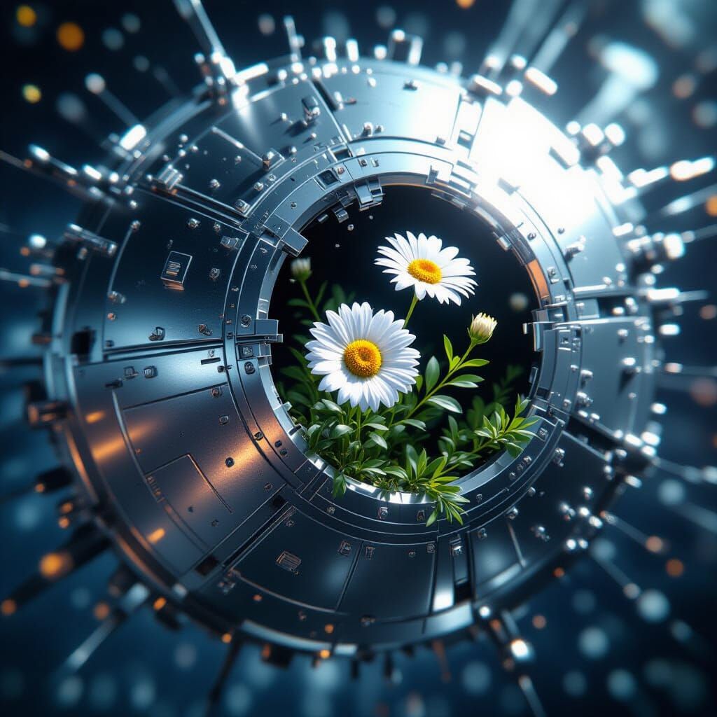 Satellite Pierced by Daisy: Hyperrealistic Sci-Fi Art