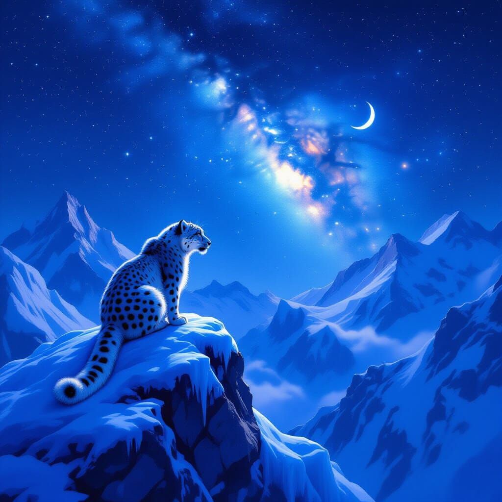 Snow Leopard Gazes at Nebula on Icy Peak