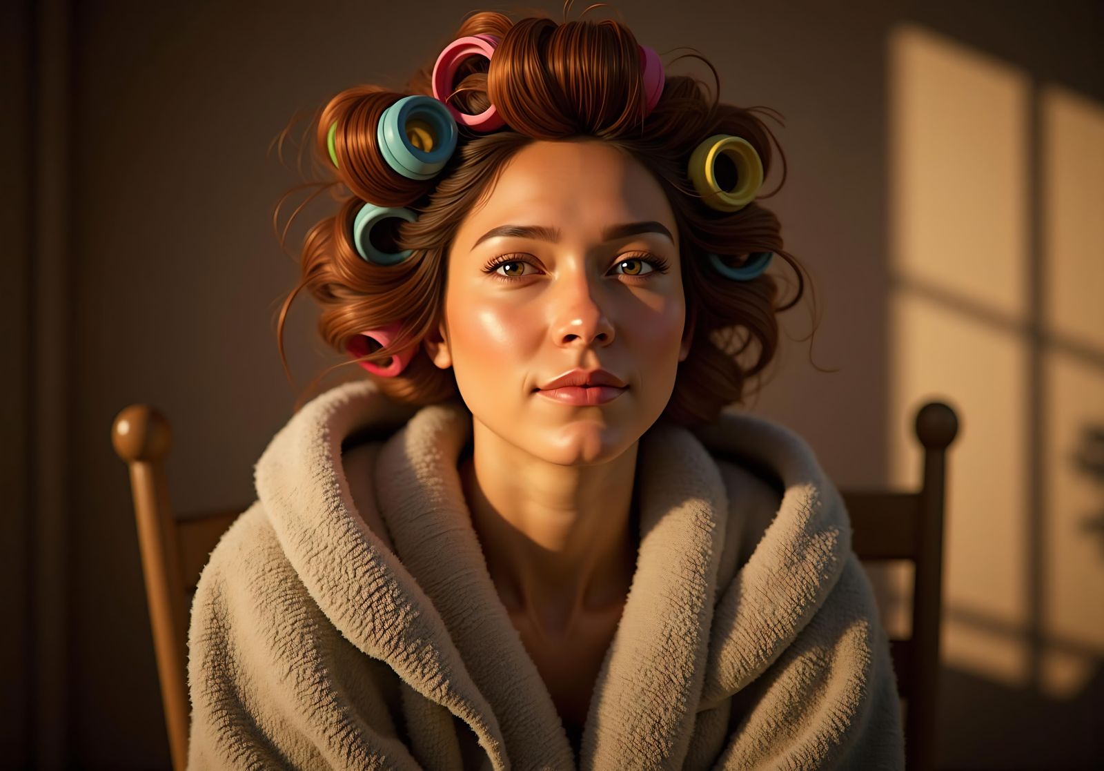 woman with curlers on her head, hair studio