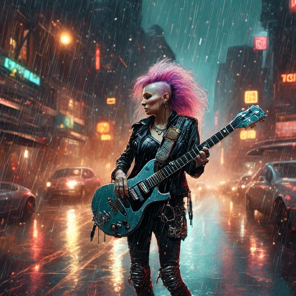 Medium shot of a female 50+ rocking punk lady with a metal guitar in a cyberpunk city on a rainy evening. <lora:Big City...