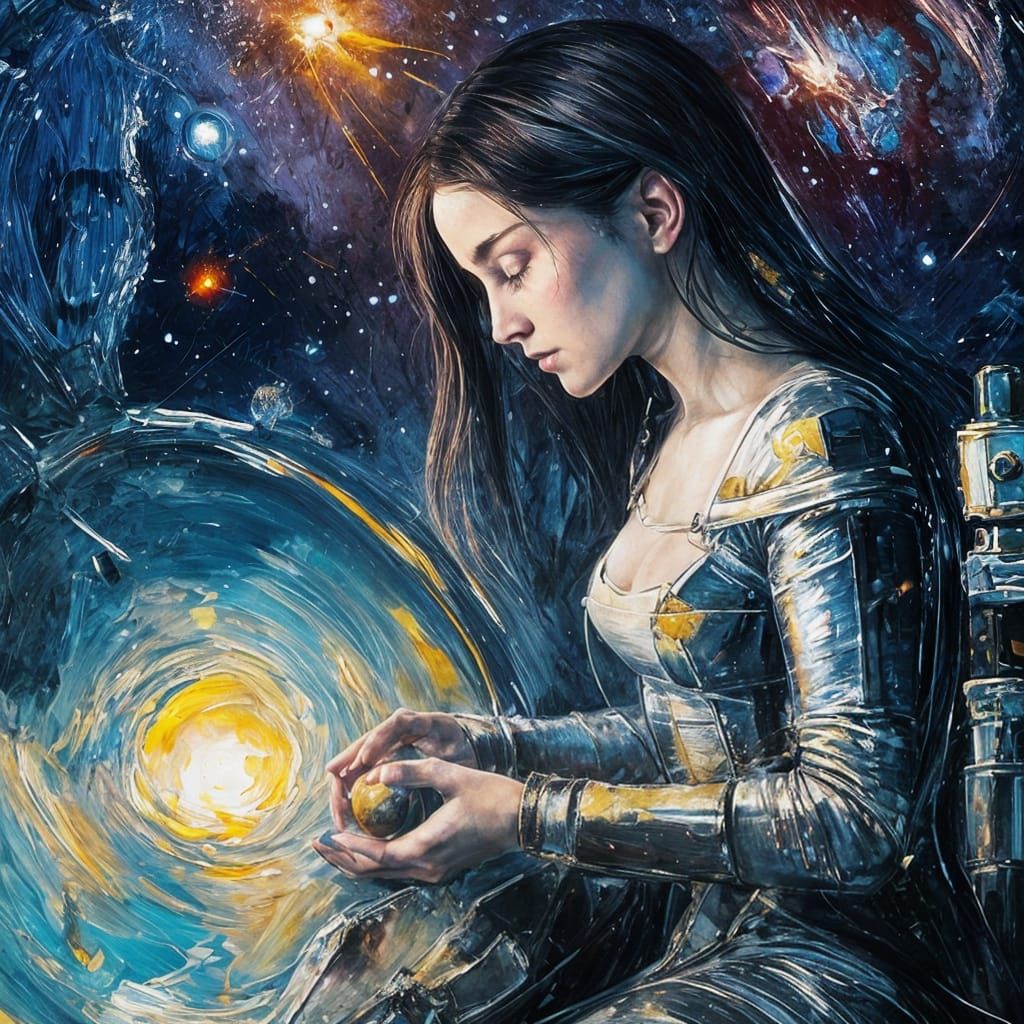 Android Woman in Space, Classical Oil Painting