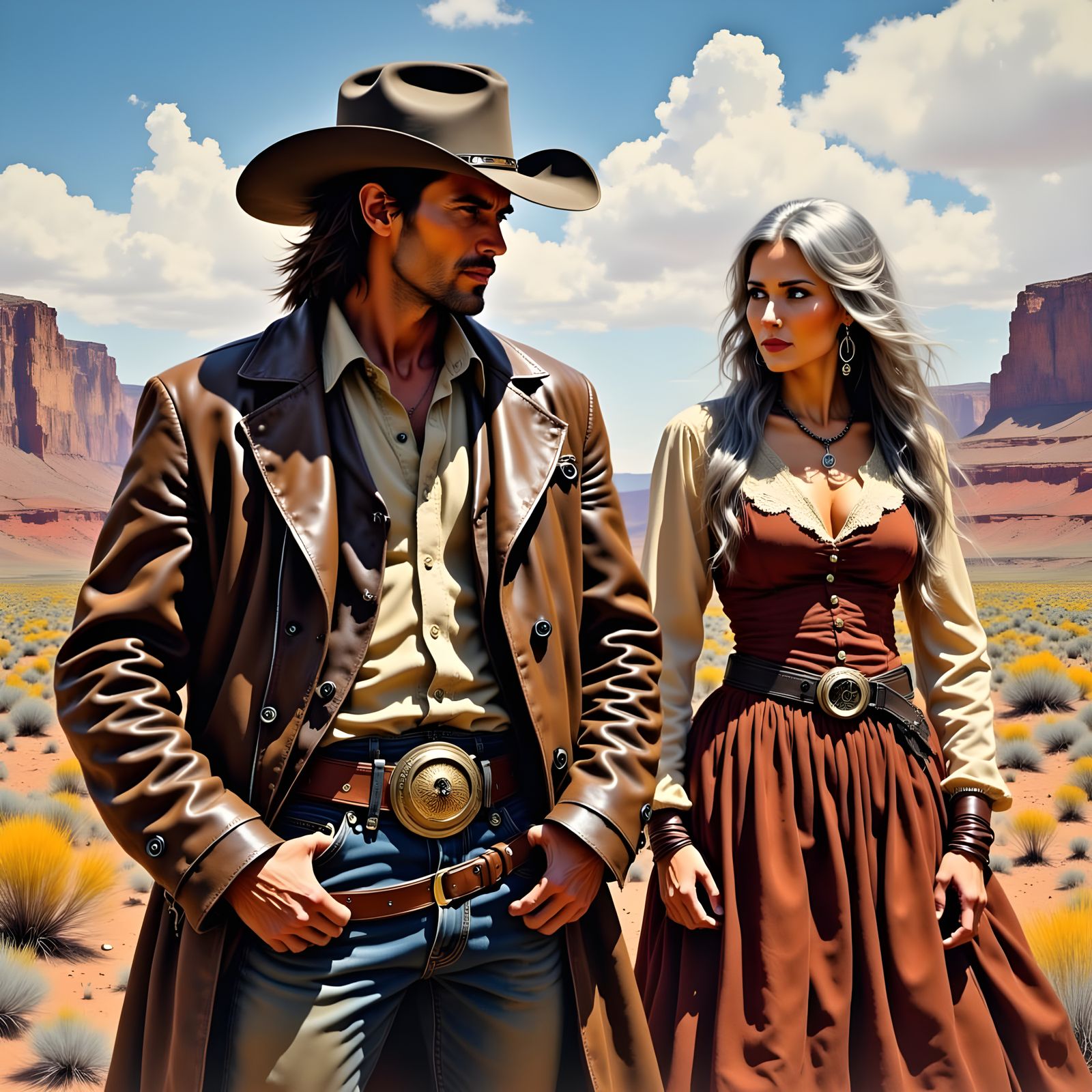 Western Scene with Brunette and Gray-Haired Woman