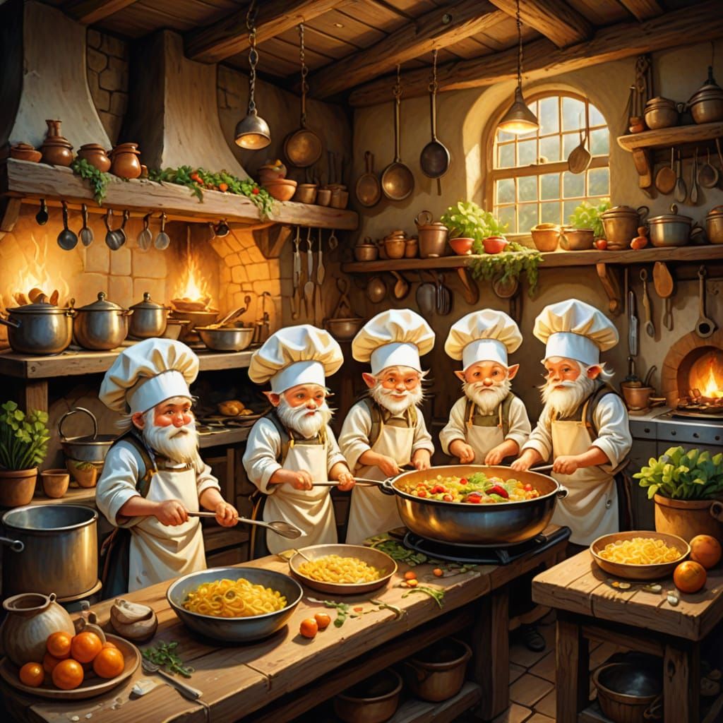 Whimsical Dwarfs Prepare Feast in Cozy Rustic Kitchen