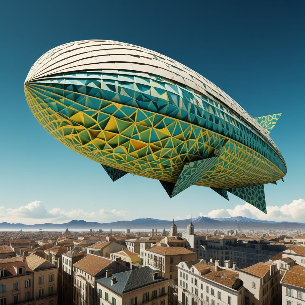 Origami Zeppelin Above Fractal City