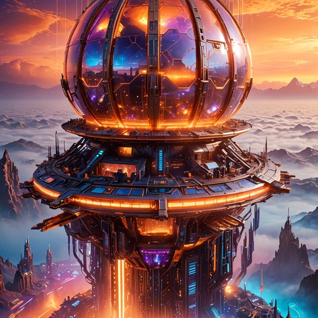 Futuristic Tower in Iridescent Binary Sunset