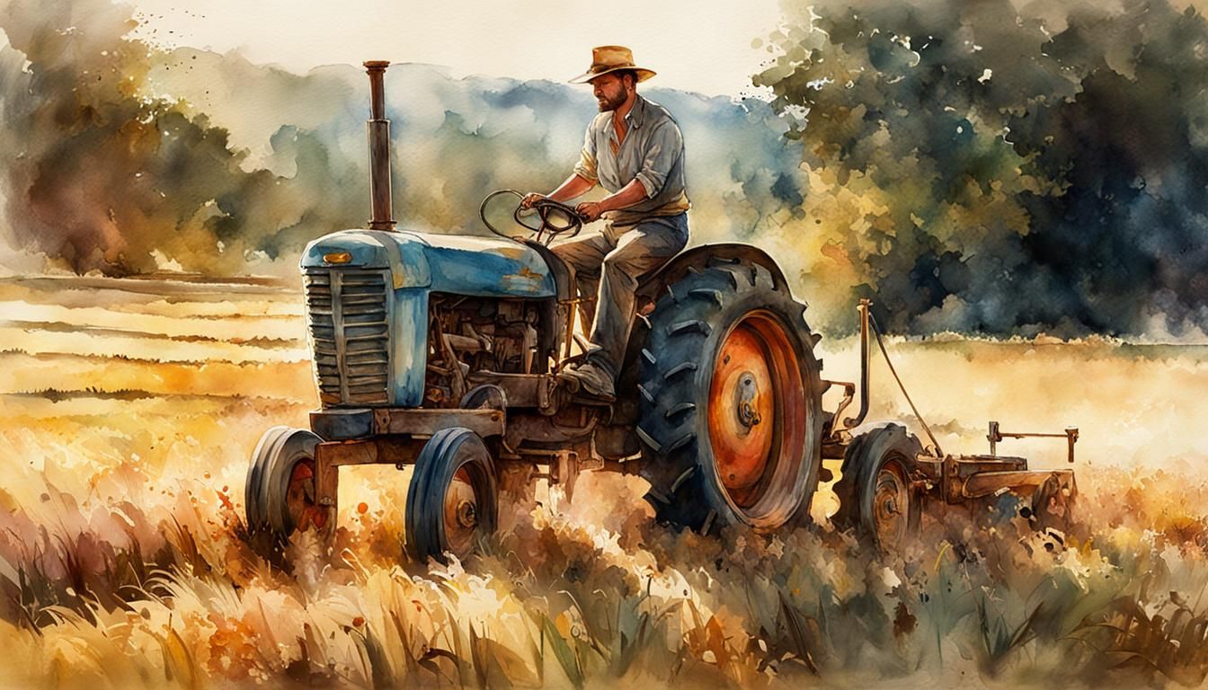 Farmer Plowing Field: Digital Watercolor Illustration