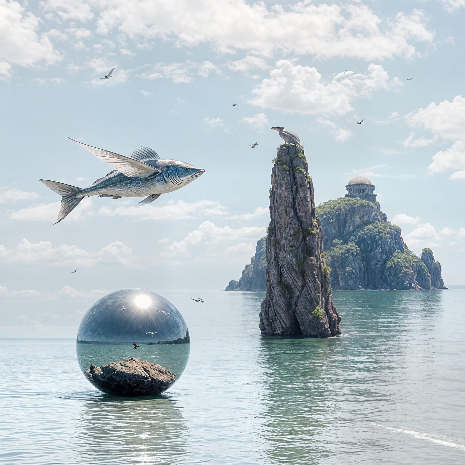 Flying Fish with Silver Ball, Dreamlike Landscape
