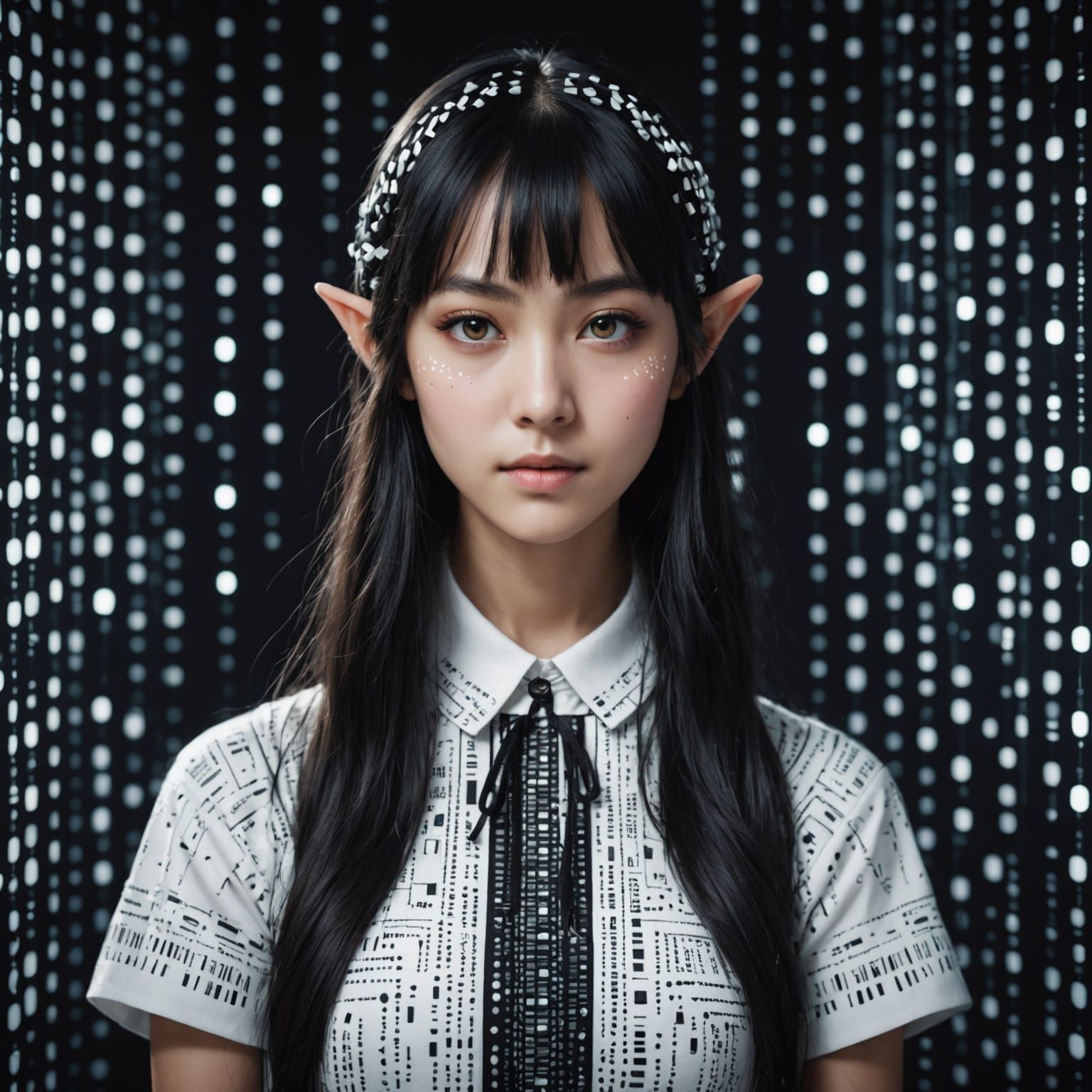 Vibrant Binary Code Elf in Magical Sunlit Portrait