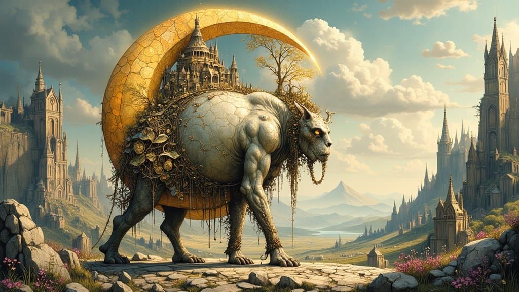 Gentle Giant Carries Celestial City in Golden Crescent Moon