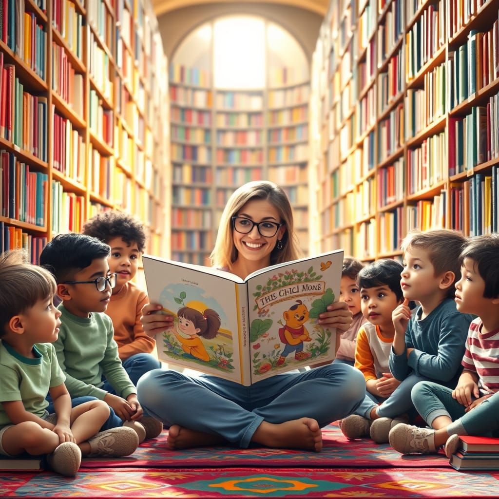 Cozy Library Scene with Children's Book Reading