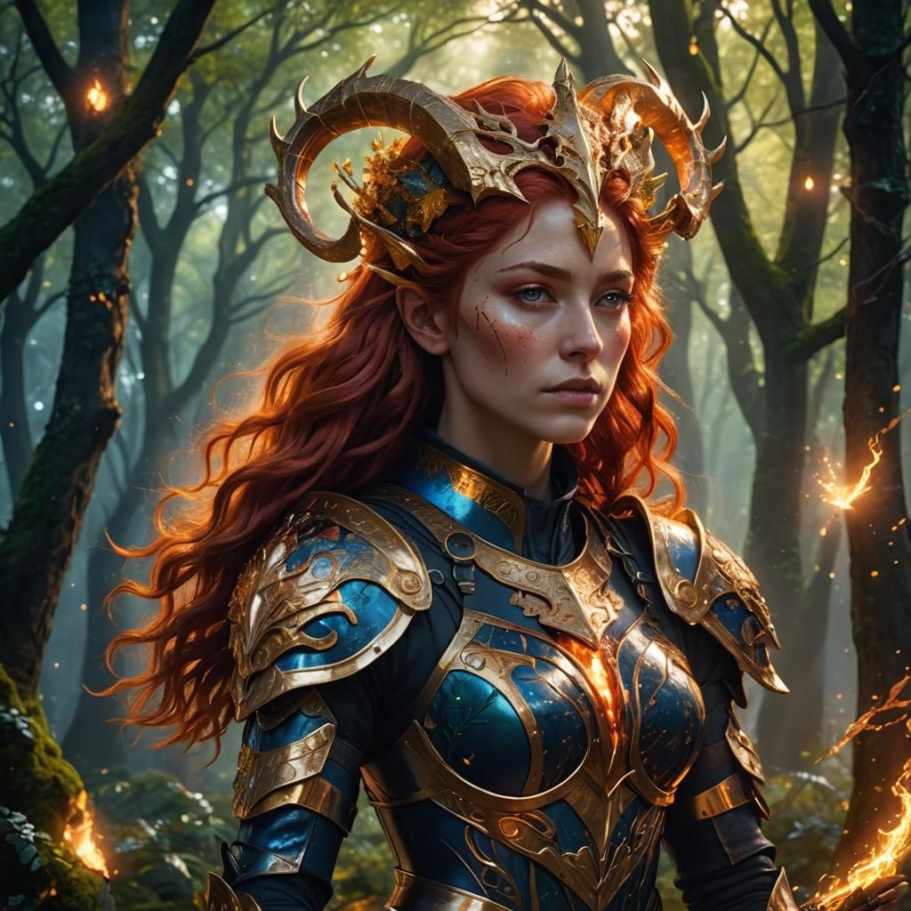 Aries Girl Portrait in Mystical Forest, Digital Art