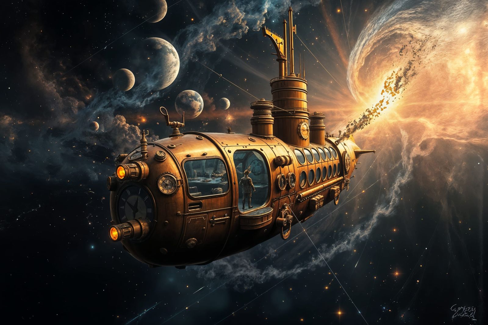 Steampunk Submarine Soaring Through Space as Digital Art