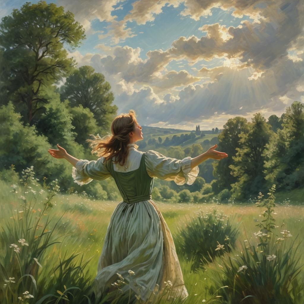 Ethereal Figure in Meadow: Impressionist Style