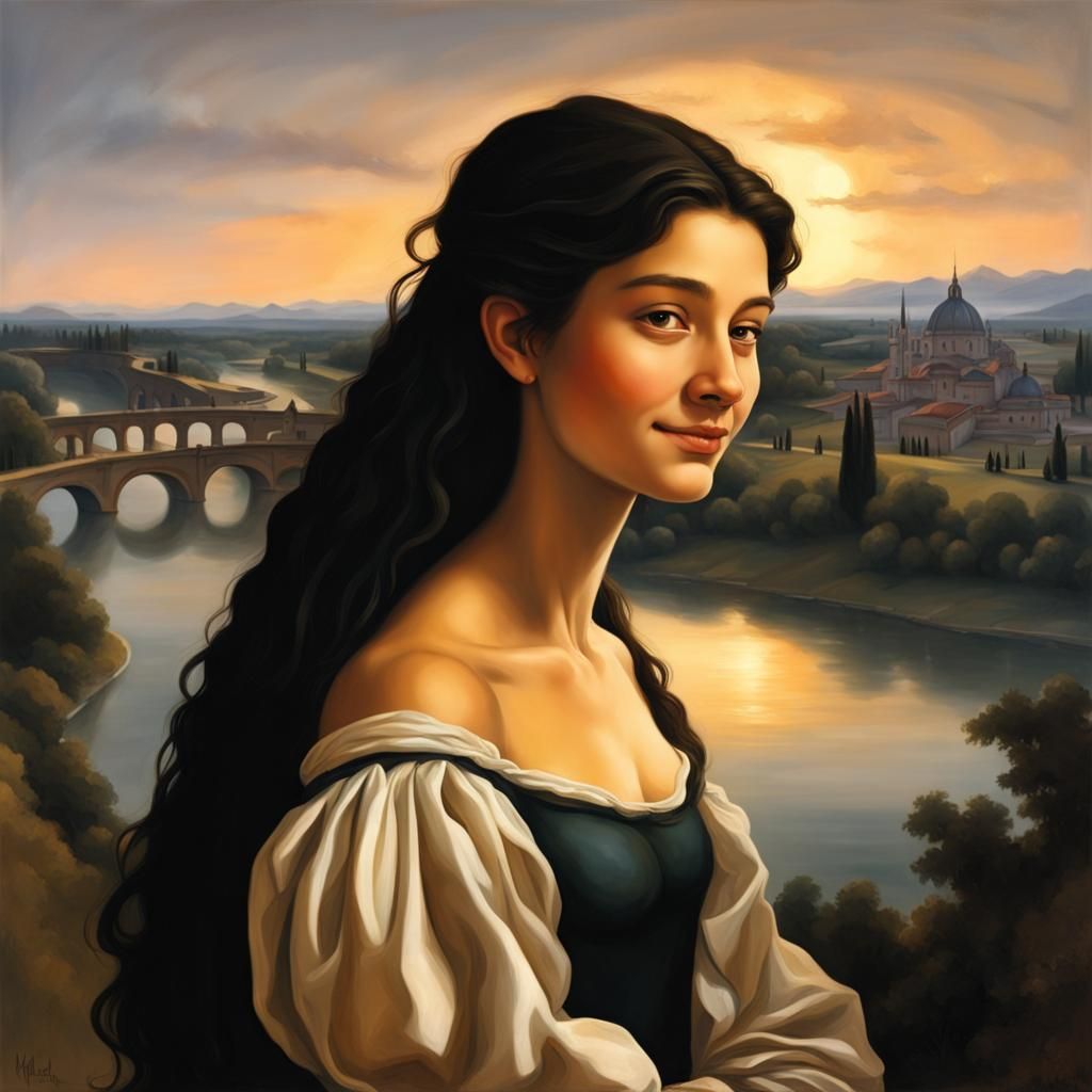 Renaissance Beauty in Twilight Landscape