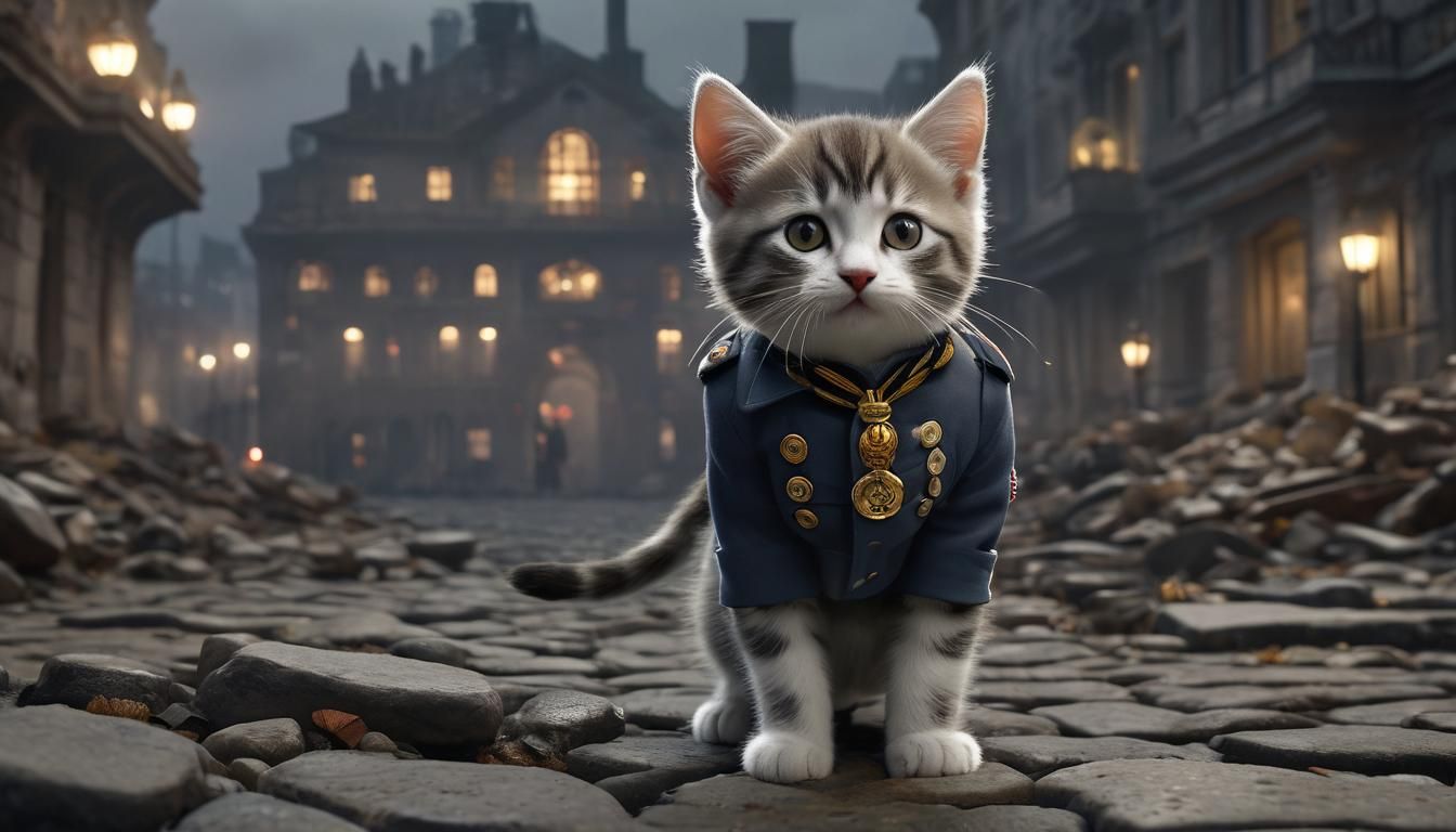 Kitten Soldier Salutes in Ruined City, Cinematic Lighting