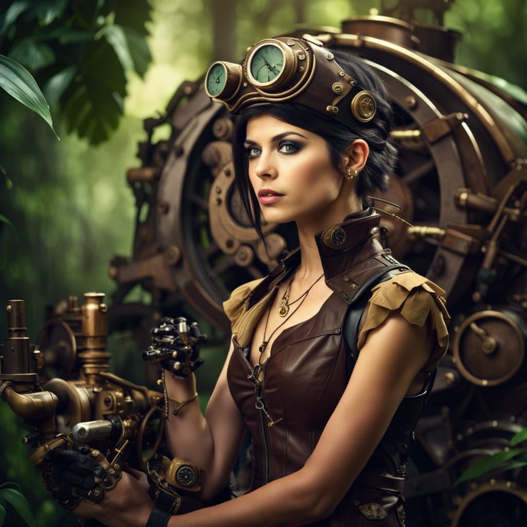 Fantasy Pixie in Jungle with Steampunk Engine