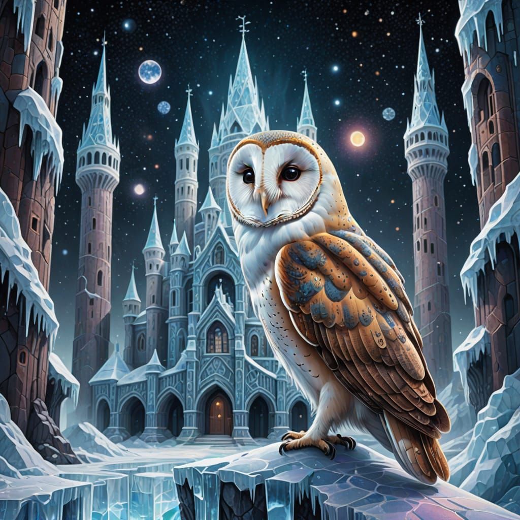Barn Owl at Ice Palace: Holographic Astral Illustration