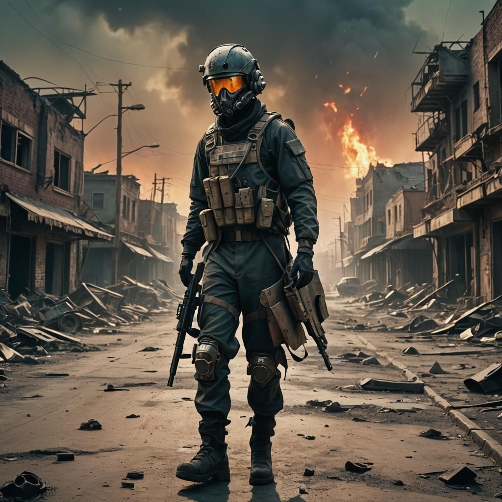 Futuristic Soldier in Post-Apocalyptic Cityscape