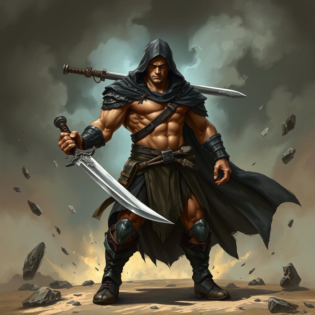 Heroic Warrior Stands Ready in Darkened Landscape