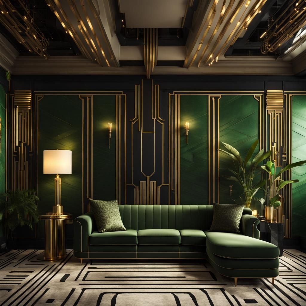 Art Deco Room in Greens, Blacks, and Golds