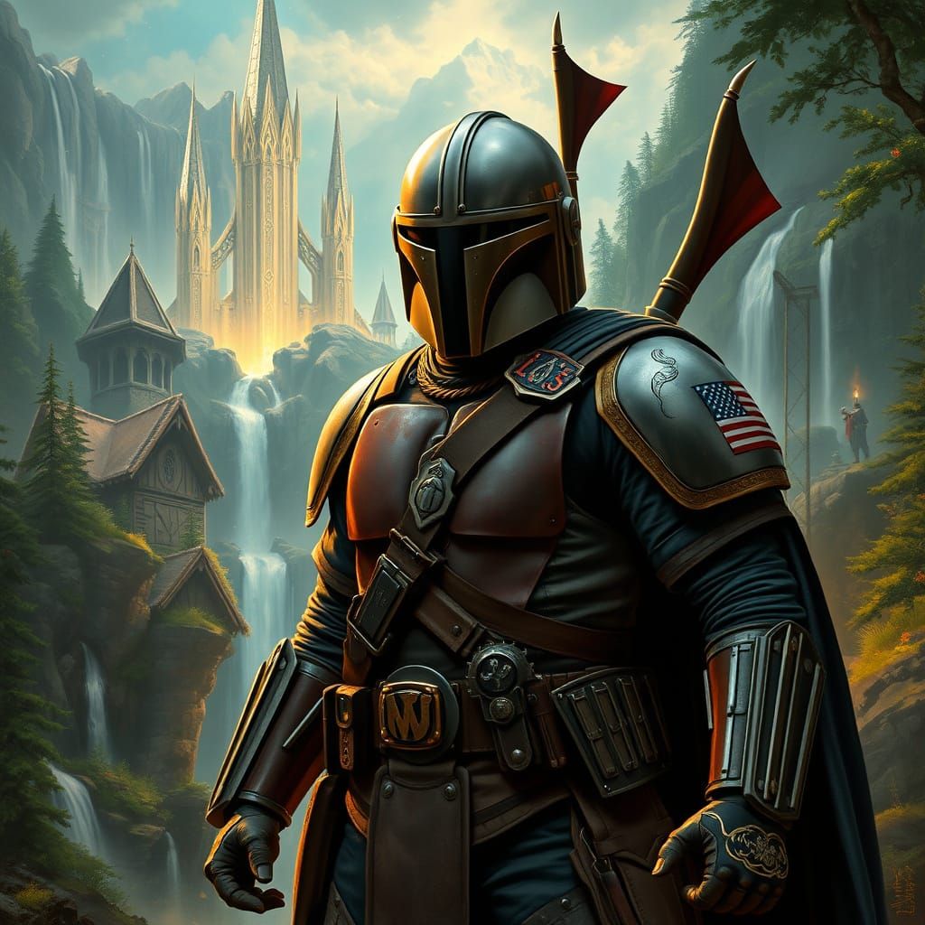 Mandalorian U.S. Marine Warrior in Ancient Fantasy Landscape