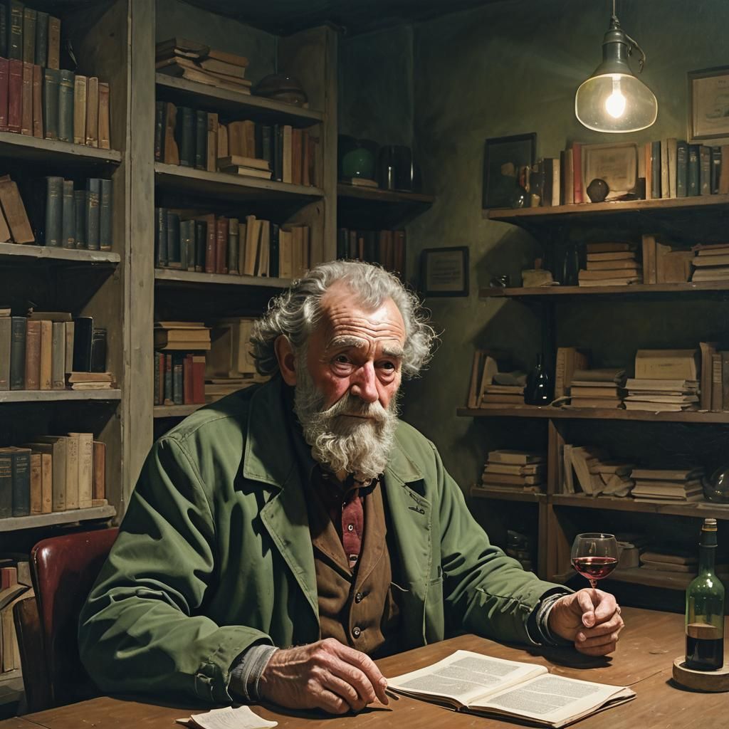 Elderly Man in Dim Office: Muted Realism