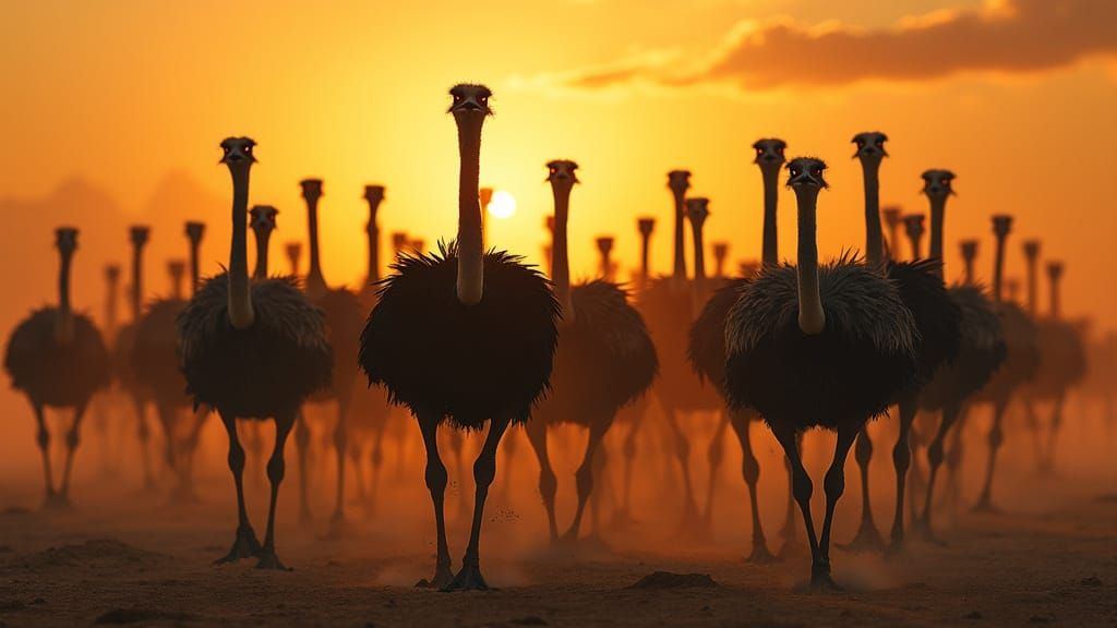 Menacing Ostrich Horde Charges at Sunset