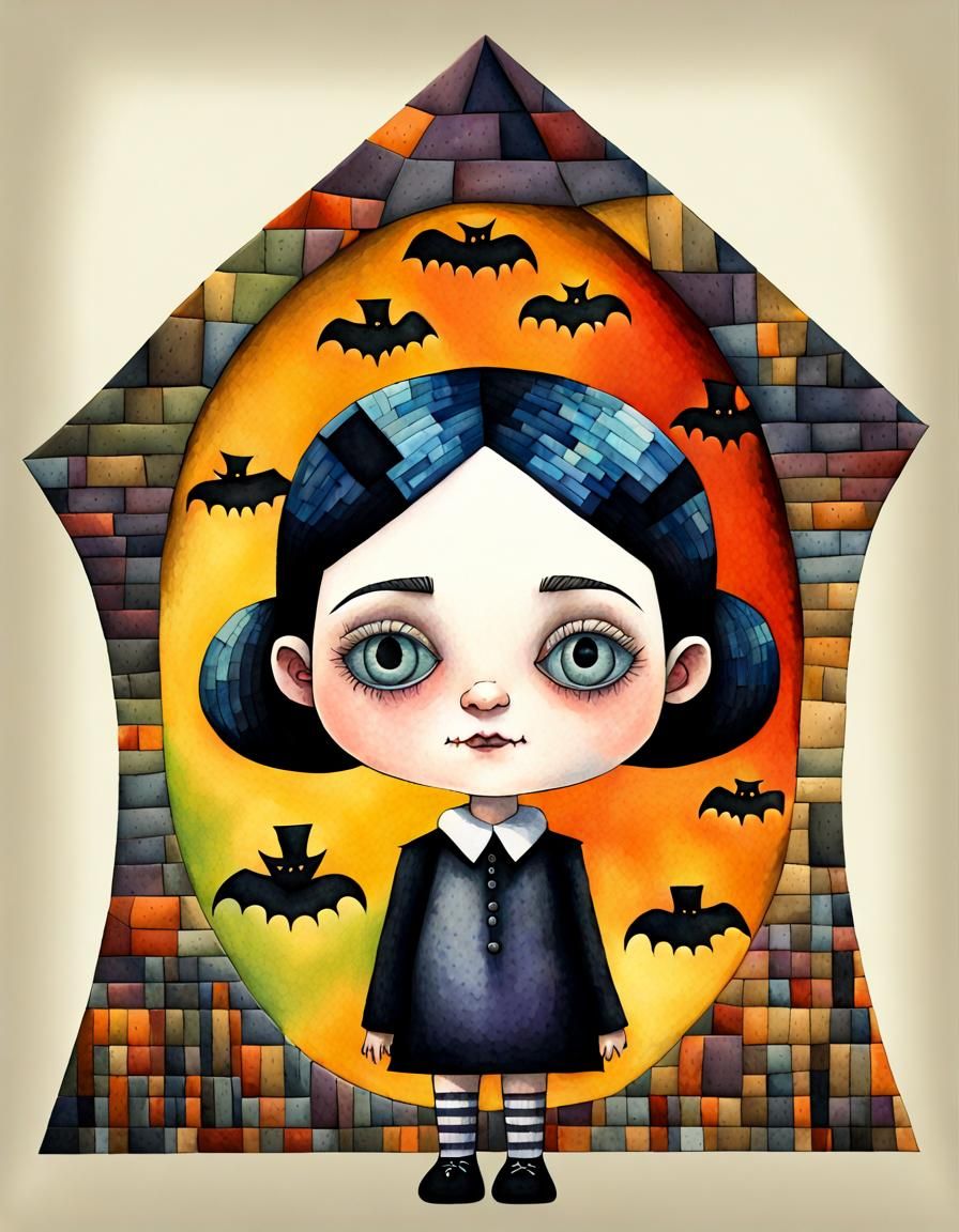 Cute Halloween Wednesday Addams in Cubist Style