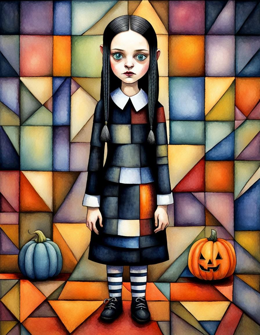 Wednesday Addams Halloween Portrait in Cubist Style