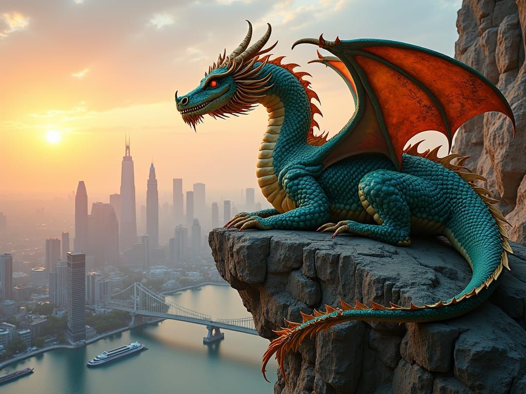 Dragon Overlooking Cityscape at Sunset