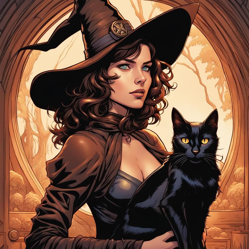 Female Witch Posing with Black Cat in Comic Book Art