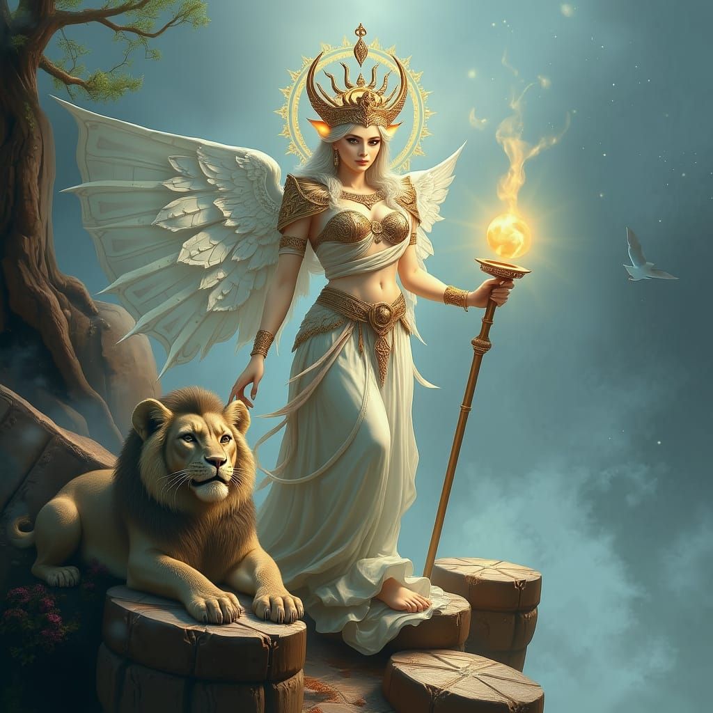 Symbolic Sumerian Goddess with Lion in Ethereal Style
