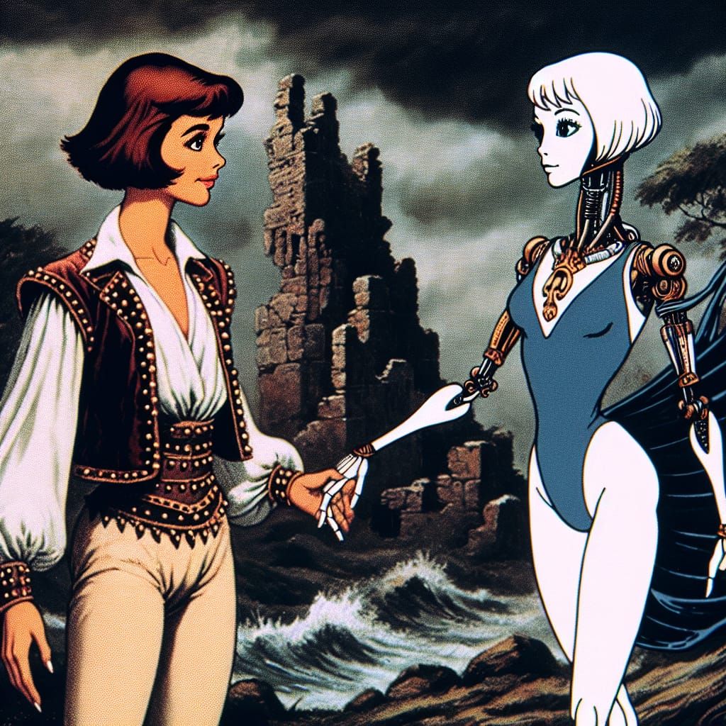 Golden Hero Offers Hand to Cyberpunk Princess on Stormy Ruin