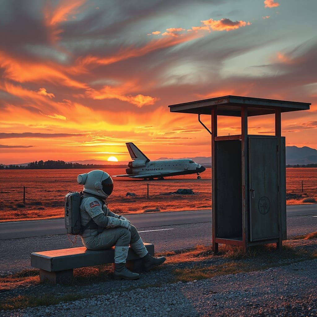 Astronaut Waits for Bus in Ruined Landscape