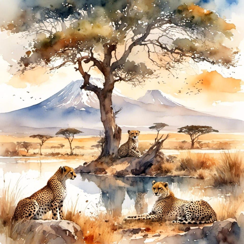 Guepardos a la sombra en el kilimanjaro