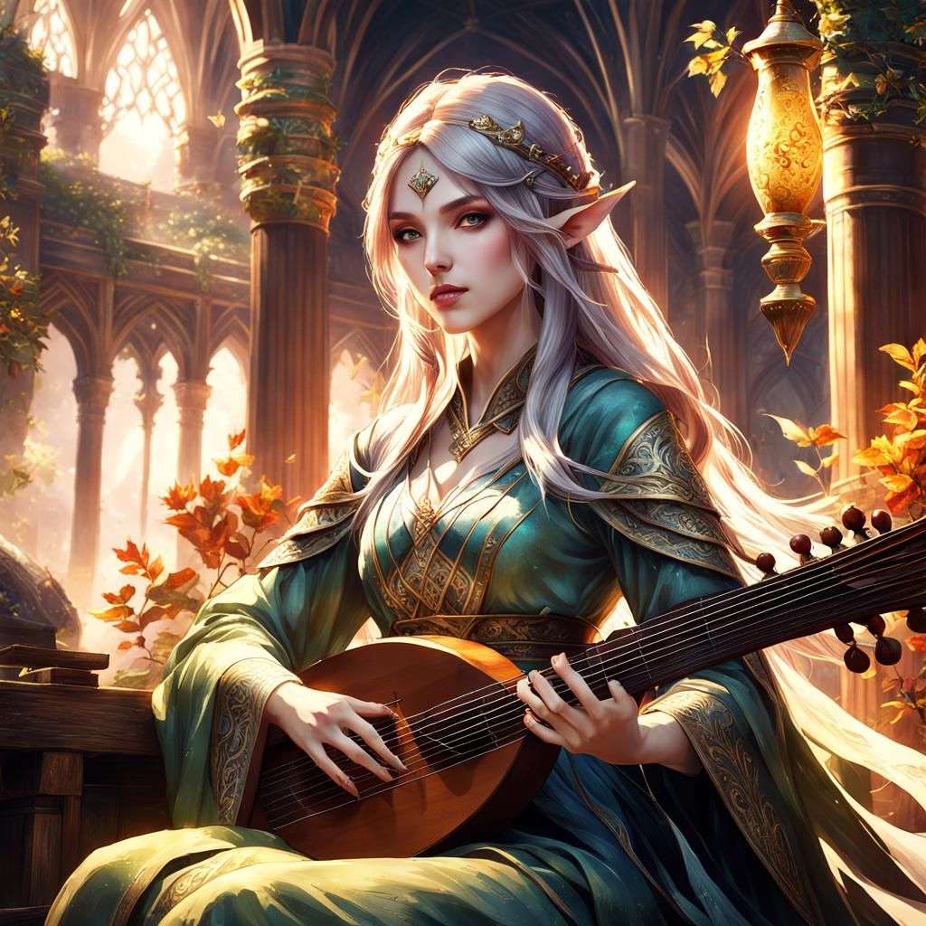 Enchantress Elven Bard Playing Lute, Detailed Digital Art