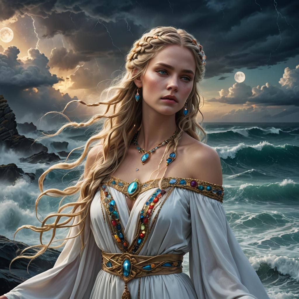 Goddess with Braided Hair and Gemstones in Fantasy Art