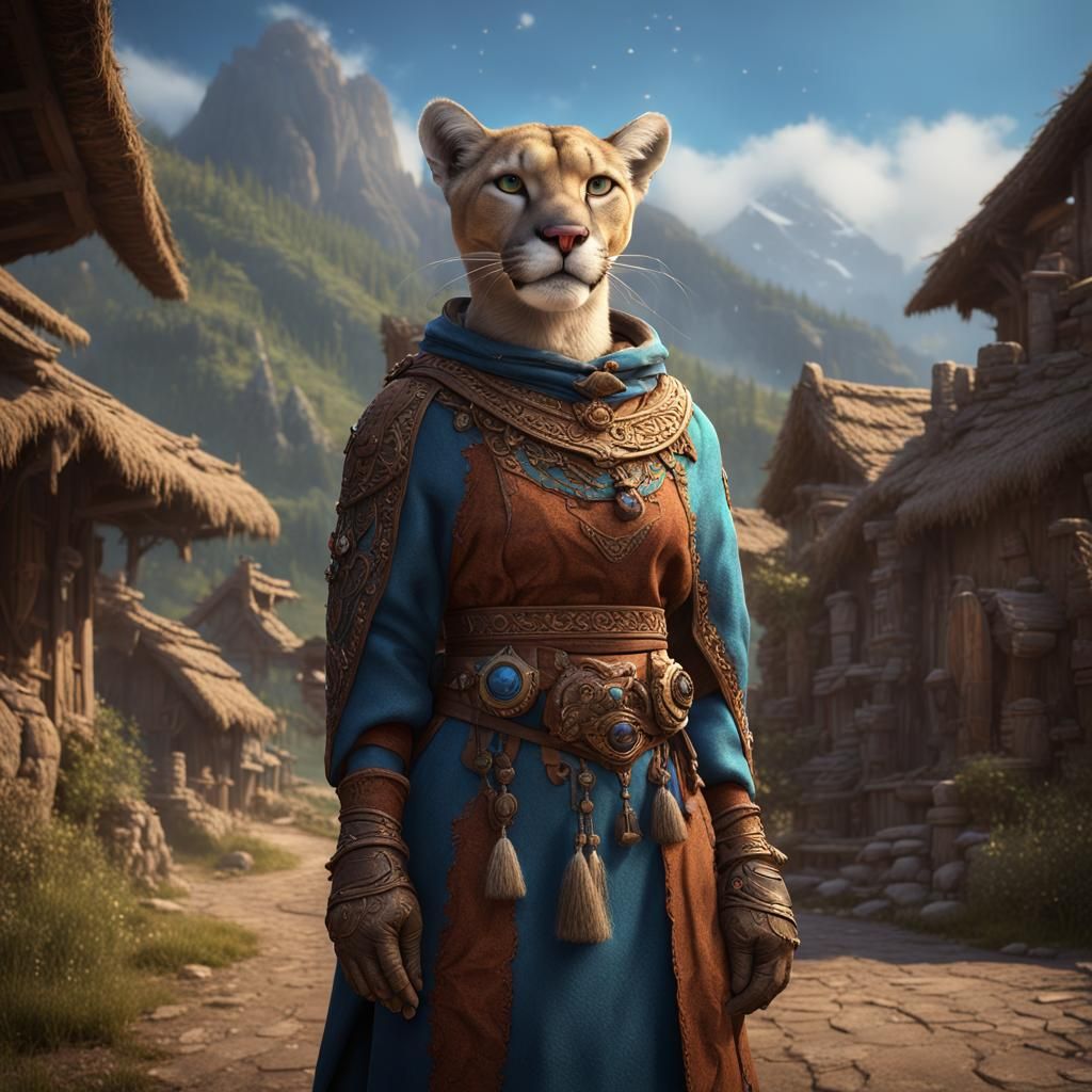 Fantasy Mountain Lion Person in Village Garb