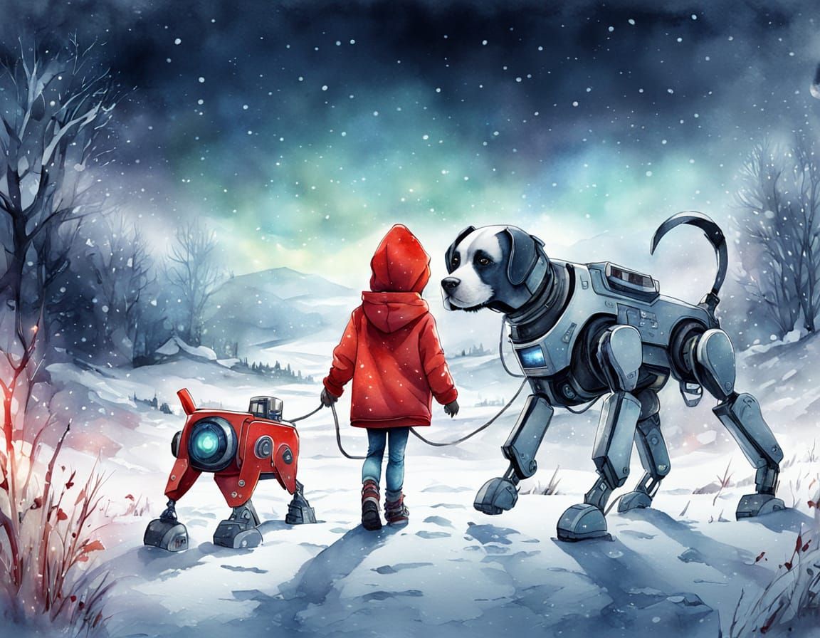 Winter Wonderland with Baby and Robotic Dog