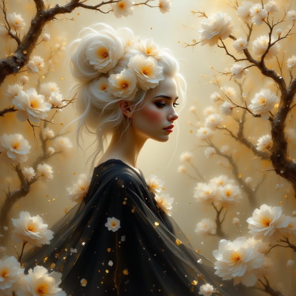 Woman in Dreamy Iridescent Bonsai Garden