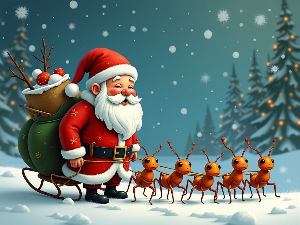 Tardigrade Santa Claus Surrounded by Six Tiny Ants in a Chri...
