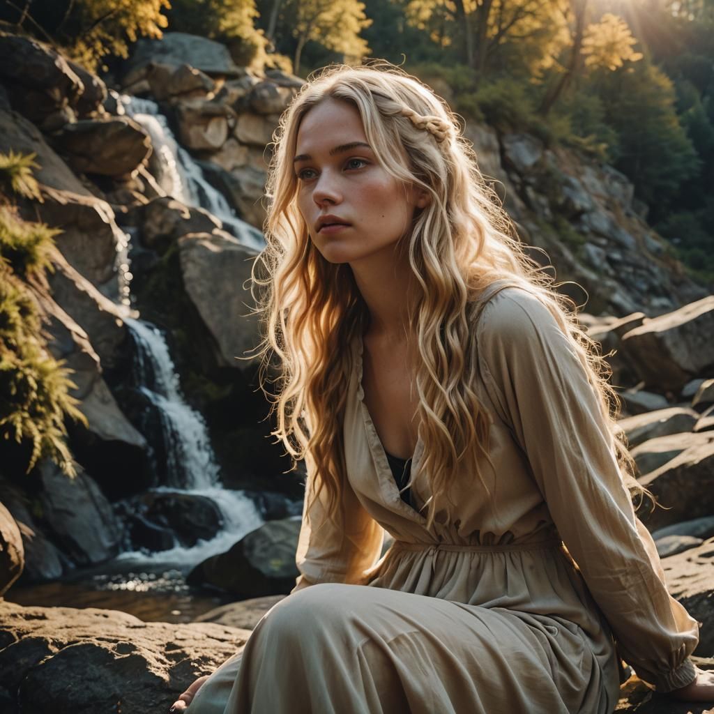 Blonde Woman Under Waterfall in Cinematic Style