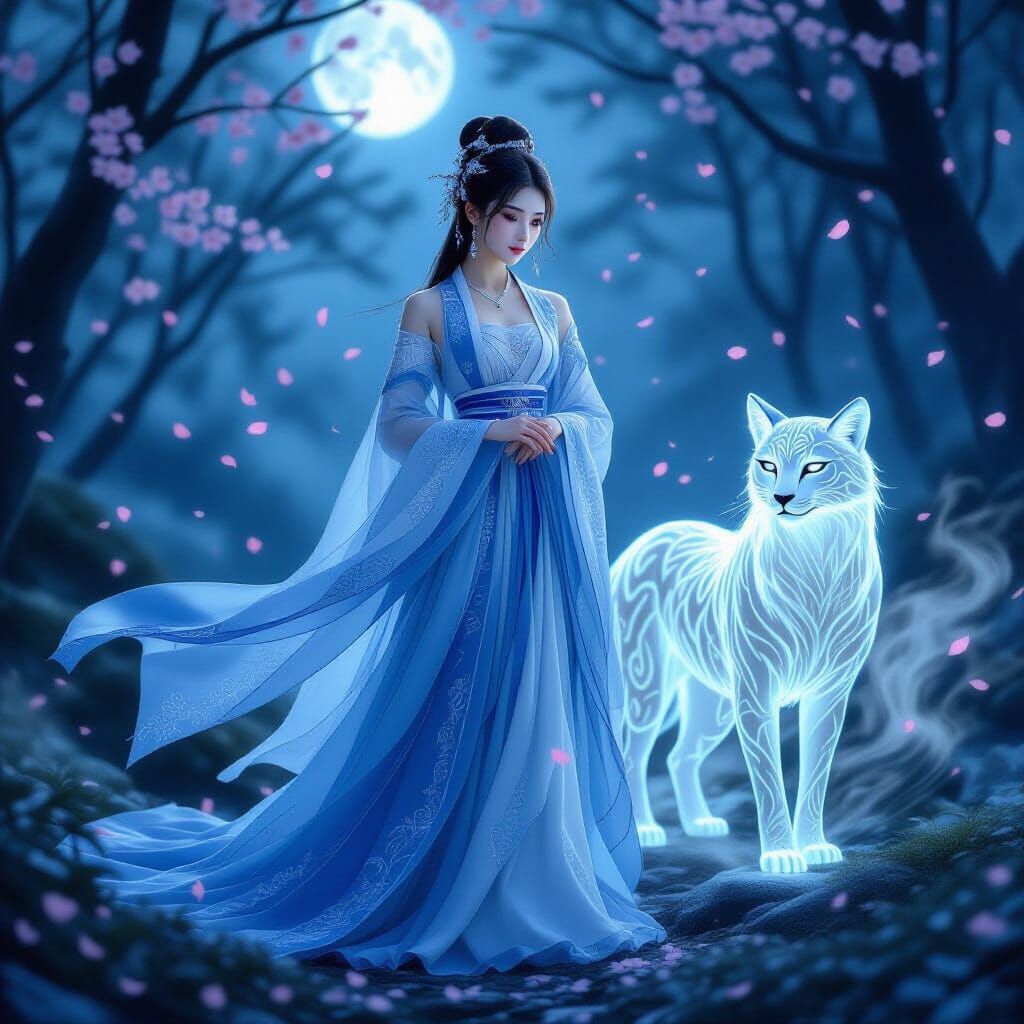 Moonlit Fantasy: Girl and Silver Cheetah in Forest