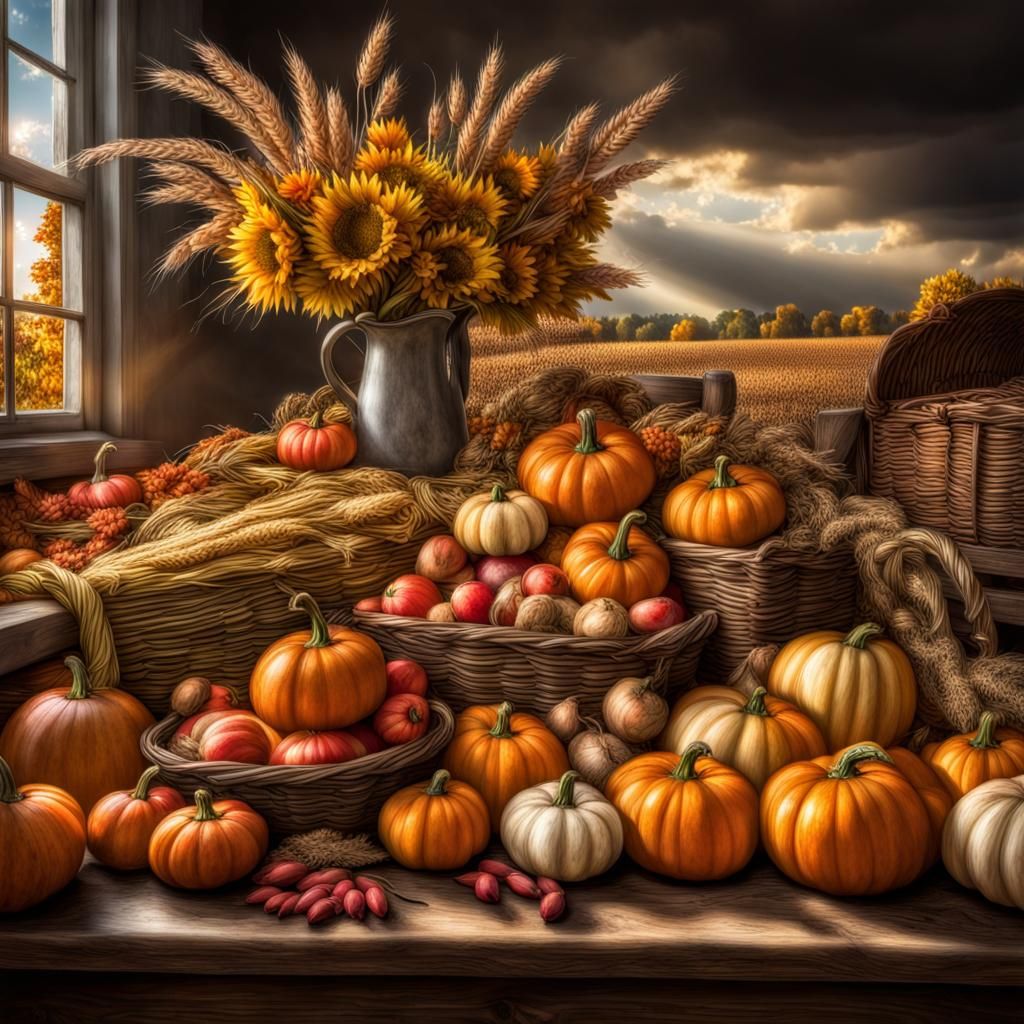 Fall Harvest Table in Hyperrealistic Style