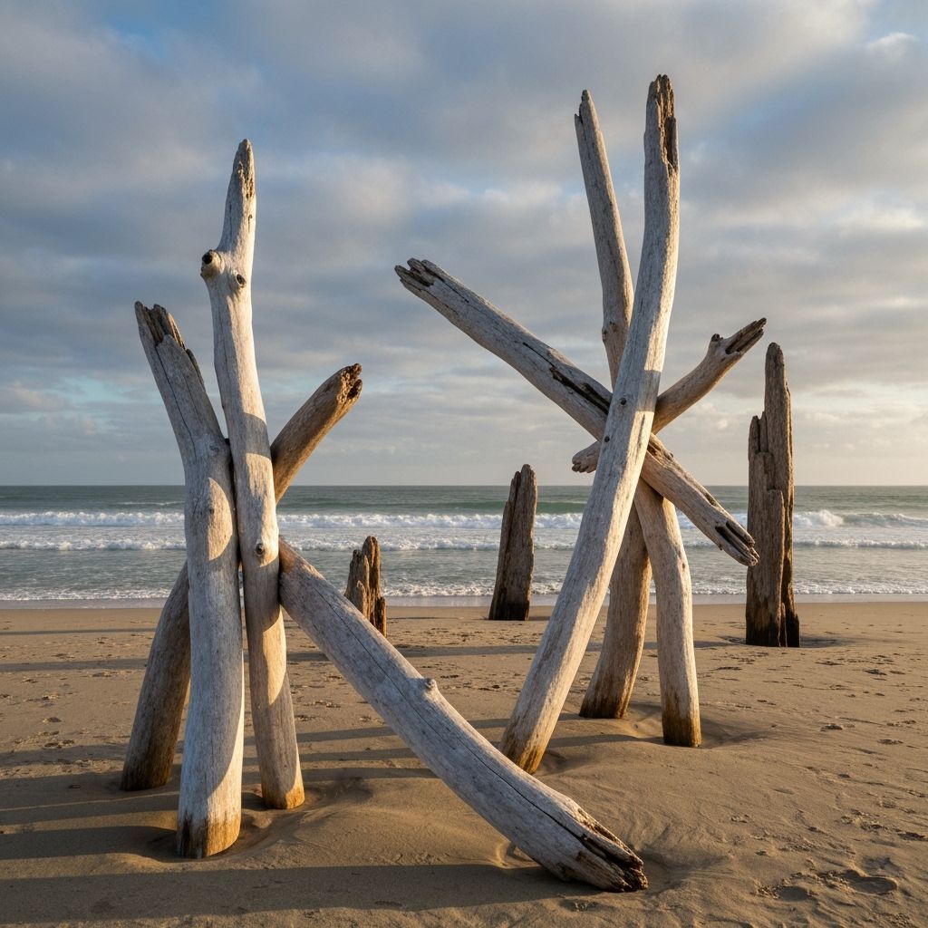 Driftwood Sculptures on Sandy Beach at Golden Hour