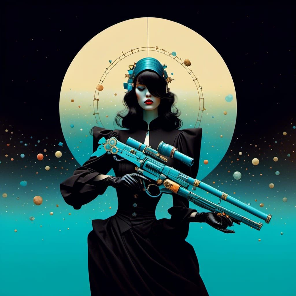 Futuristic Priestess with Gun in Surreal Style