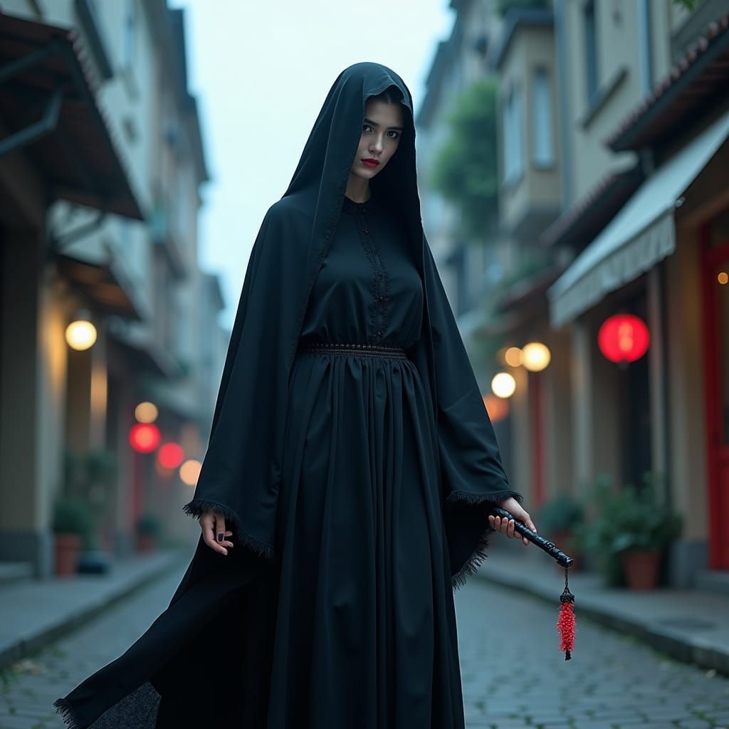 Neon Gothic Assassin Girl on Dark City Rooftop