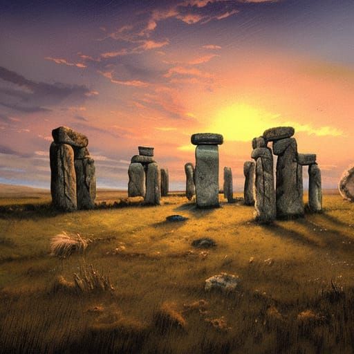 Stonehenge Relics at Twilight: Gouache Watercolor Painting