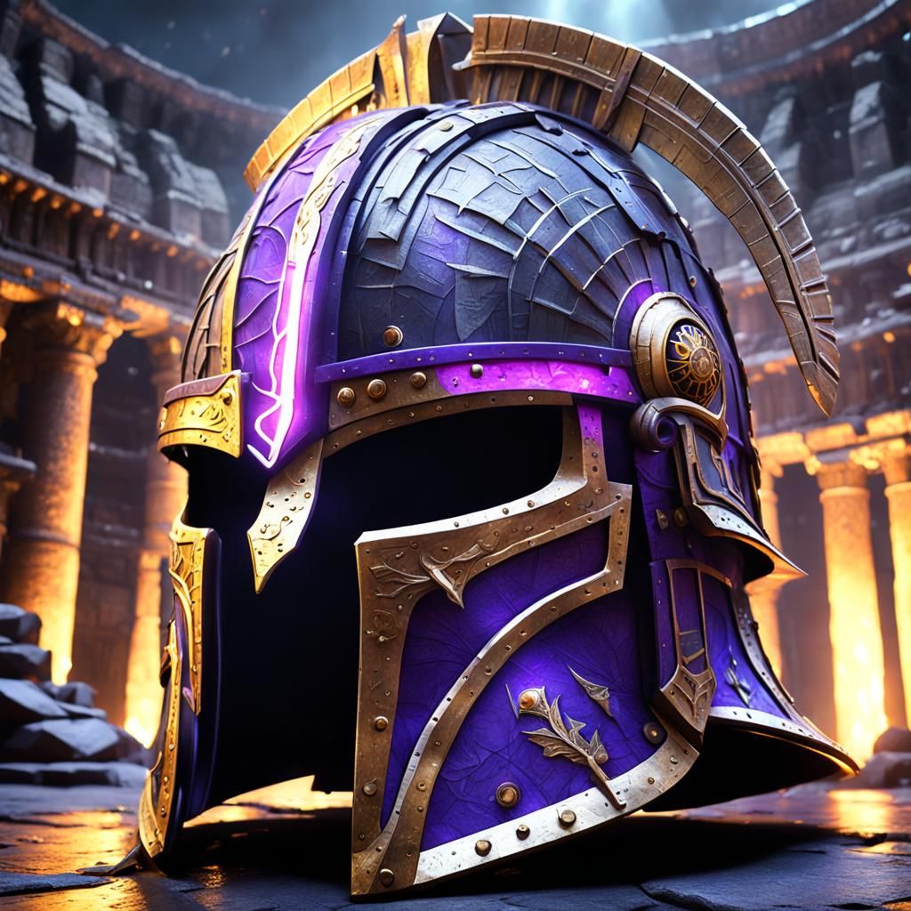 Glowing Battle Helmet in Colosseum, Detailed Fantasy Art